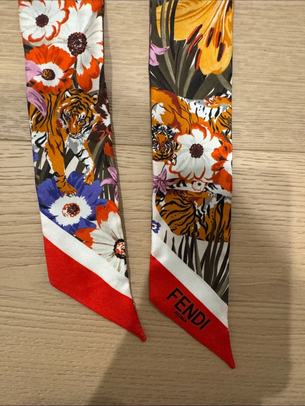 Fendi Brown FF Logo Silk Scarf with Floral & Red Accents